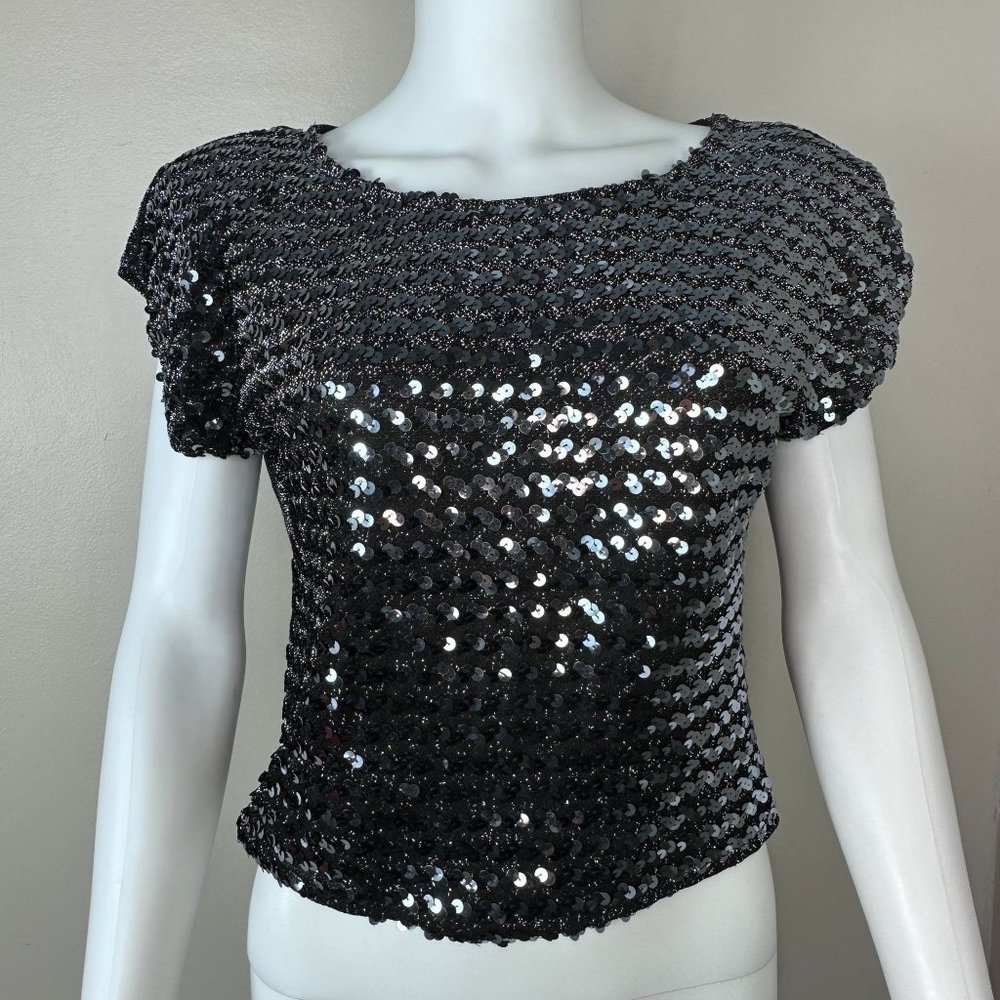 Vintage 1980s Black Sequin Top, Rio Blouse Size S/M